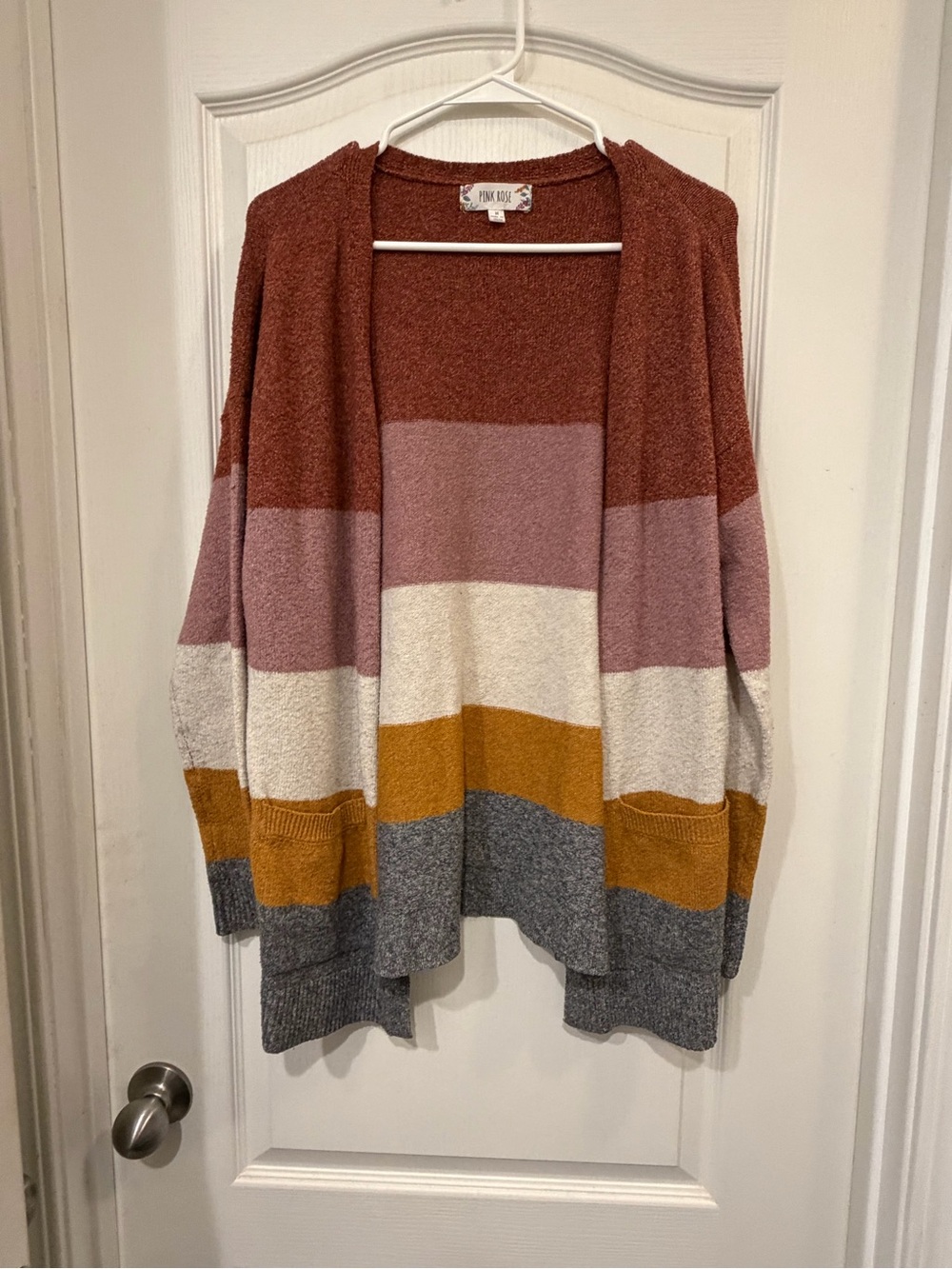 Pink Rose Color Block Open Front Cardigan Sweater Pockets Size Medium